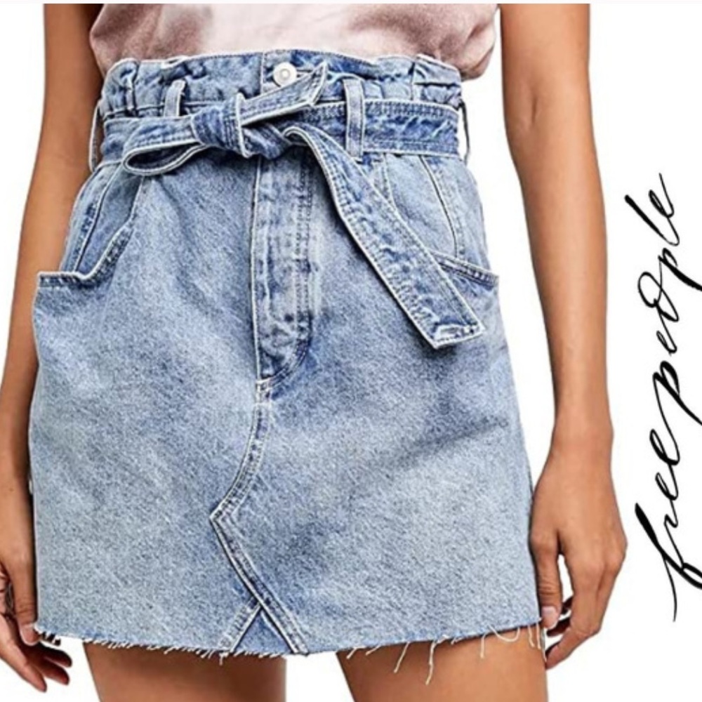 Free People East of Eden Medium Wash Denim Belted Mini Skirt
